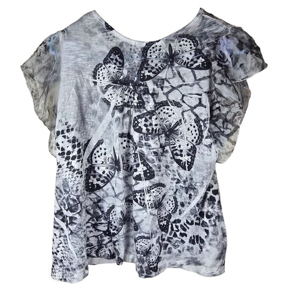Vintage Y2K Butterfly Print Top M Petite Lightweight Polyester Short Sleeve - Picture 2 of 5